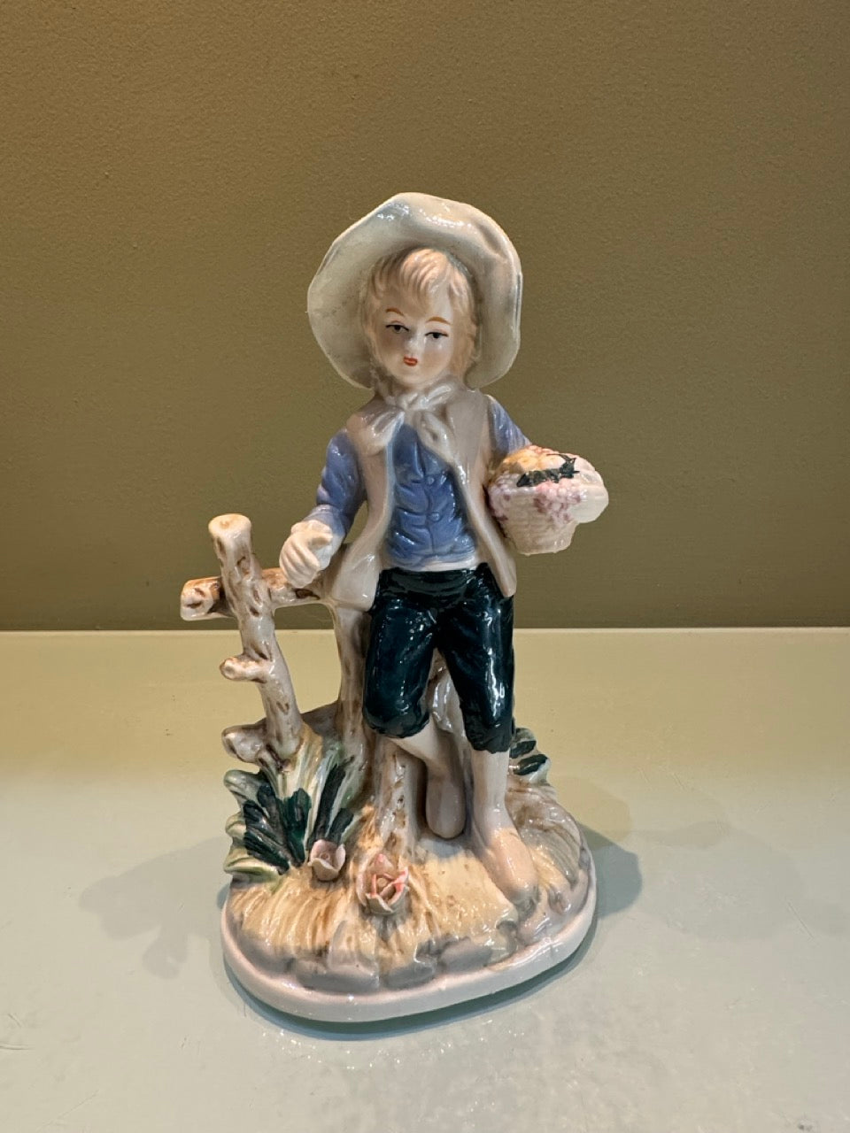 Vintage Ceramic Figurine Boy with Fruit Basket